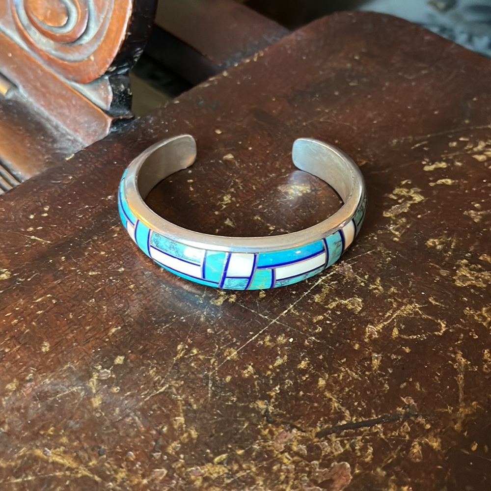 Vintage Native American Navajo Aaron Toadlena Turquoise Silver Inlay Bracelet - Picture 8 of 17
